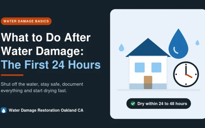What to do after water damage: the first 24 hours, with a house, water drop and clock illustration