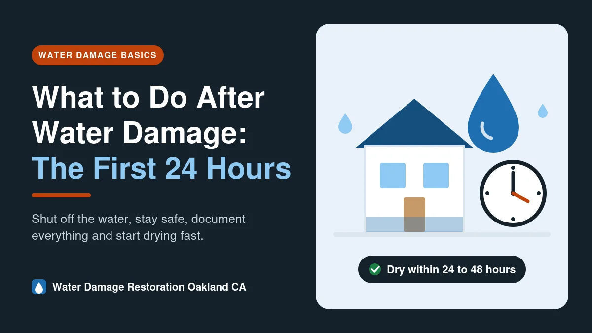 What to do after water damage: the first 24 hours, with a house, water drop and clock illustration
